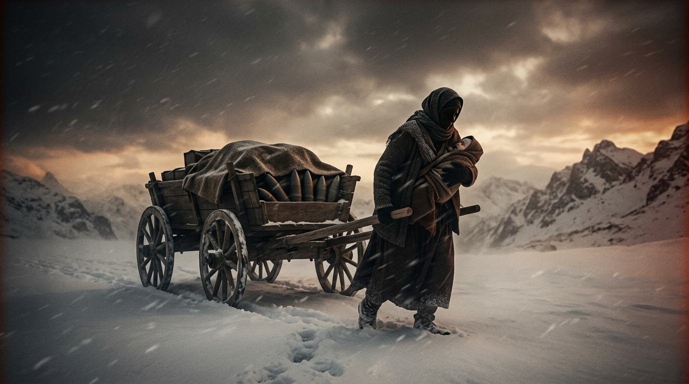 A wide cinematic shot of a fierce, blizzard-ridden snowy mountain path in 1920s Turkey. A shadowy silhouette of a traditional Turkish village woman pulling a wooden ox-cart loaded with artillery shells covered by a blanket, holding a baby to her chest. Gloomy, epic, dramatic lighting.